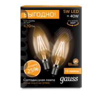 Лампа светодиодная LED 5вт 230в E14 FILAMENT теплый свеча ПРОМО (2 лампы в упаковке) GAUSS 103801105P